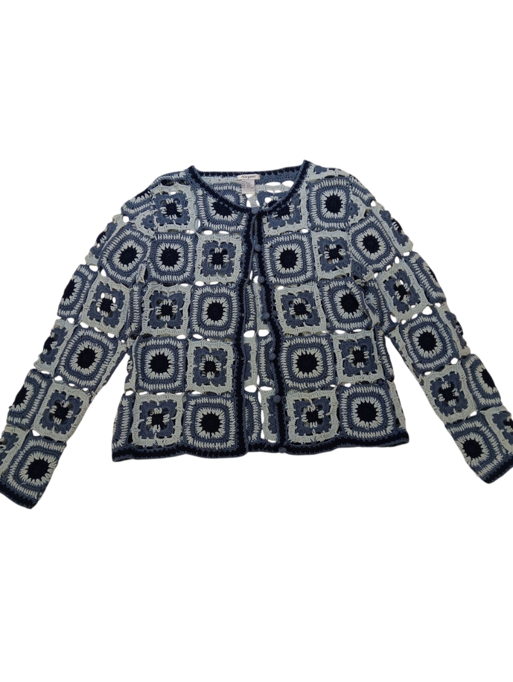 Airport Crochet Square Crop Cardigan - Navy & Light Blue - L